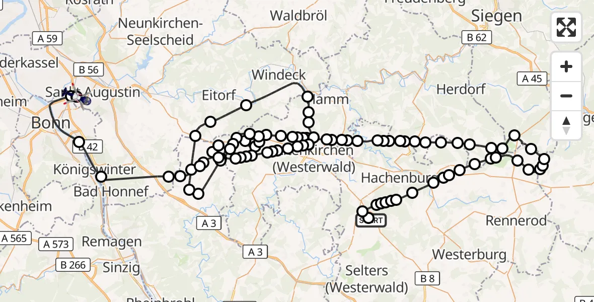 Flugroute Polizeihubschrauber Herschbach - Sankt Augustin, 01 Juni 2026, 12:13