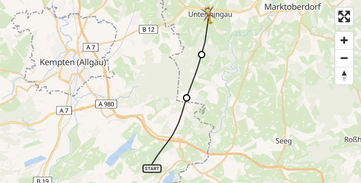 Flugroute Rettungshubschrauber Oy-Mittelberg - Unterthingau, 01 Juni 2026, 12:24
