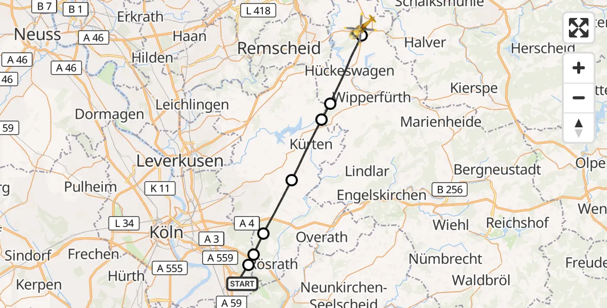 Flugroute Rettungshubschrauber Köln Bonn Flughafen - Radevormwald, 01 Juni 2026, 12:32