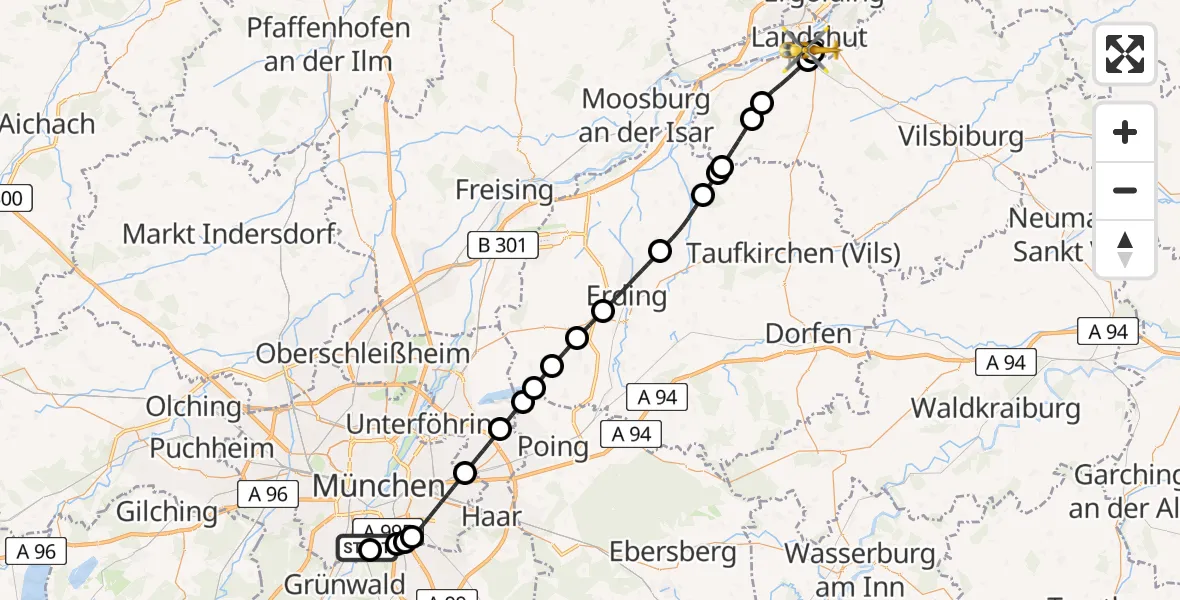 Flugroute Rettungshubschrauber ADAC Air Rescue Center Hubschrauberlandeplatz (Christoph 1) - Lakumed Hospital Landshut-Achdorf, 01 Juni 2026, 12:33