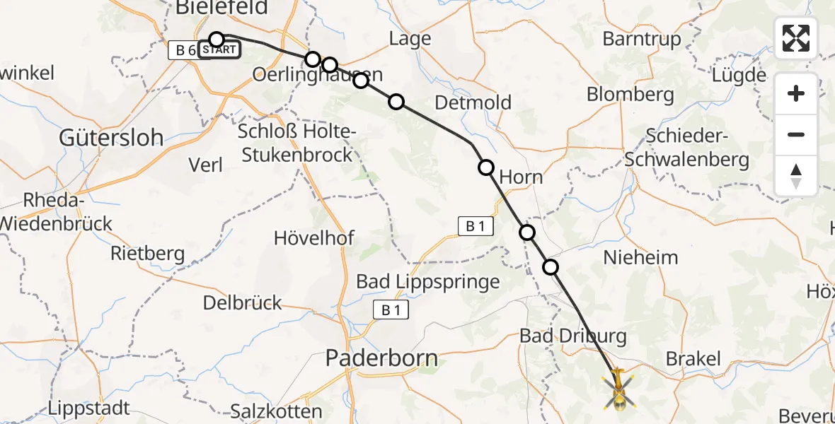 Flugroute Rettungshubschrauber Luftrettungszentrum Bielefeld - Brakel, 01 Juni 2026, 12:35