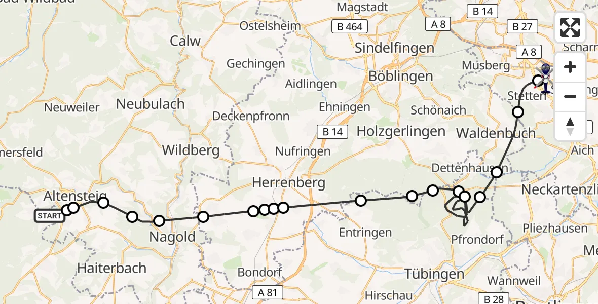 Flugroute Polizeihubschrauber Wörnersberg - Flughafen Stuttgart, 01 Juni 2026, 12:40