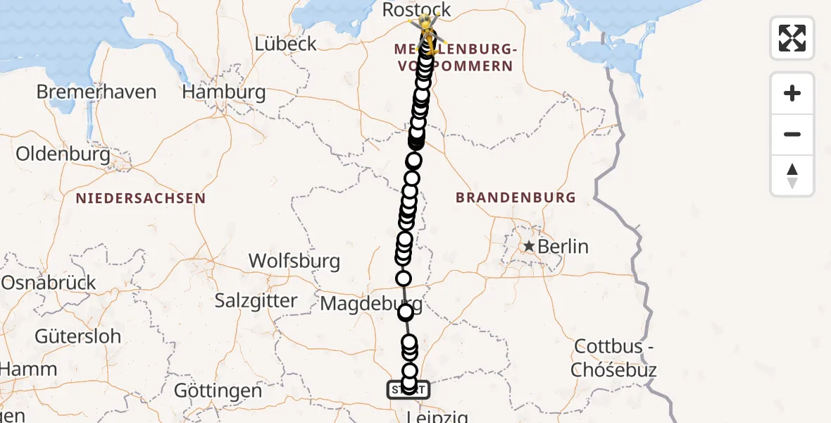 Flugroute Rettungshubschrauber Halle-Oppin Flugplatz - Flughafen Rostock-Laage, 01 Juni 2026, 12:40