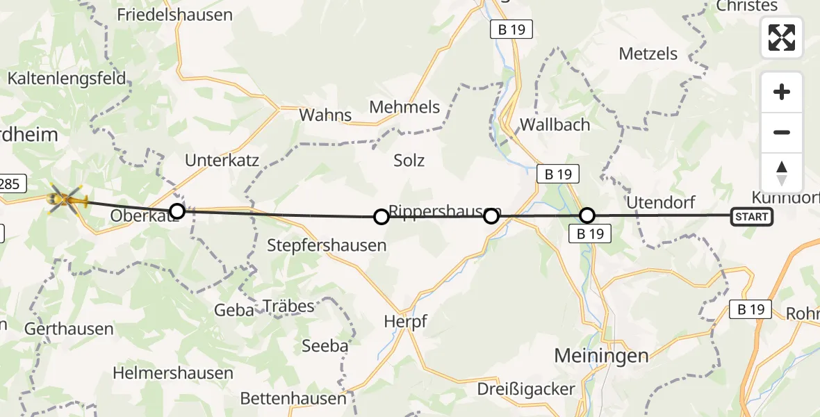 Flugroute Rettungshubschrauber Kühndorf - Kaltennordheim, 01 Juni 2026, 12:43