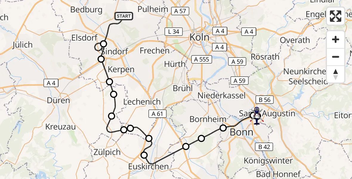 Flugroute Polizeihubschrauber Bergheim - Sankt Augustin, 01 Juni 2026, 12:55