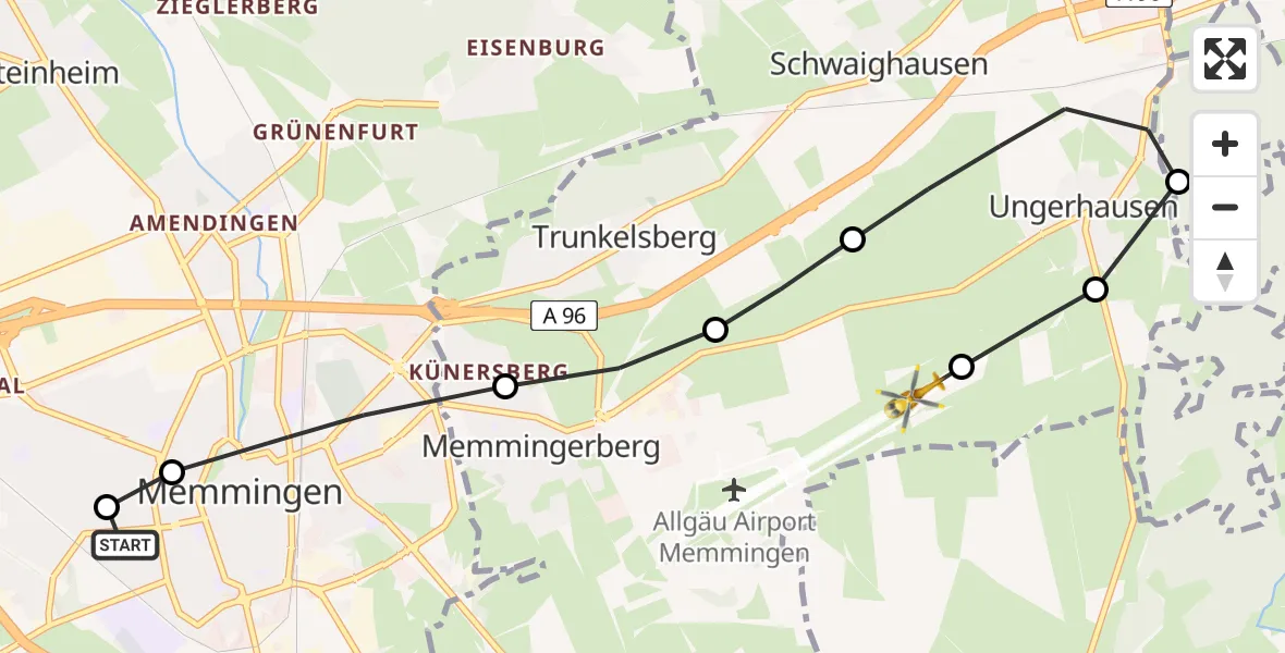 Flugroute Rettungshubschrauber Memmingen Hospital - Memmingen Allgau Flughafen, 01 Juni 2026, 12:58