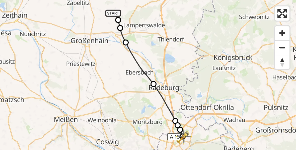 Flugroute Rettungshubschrauber Großenhain - Dresden Bundespolizei Hubschrauberlandeplatz, 01 Juni 2026, 13:04