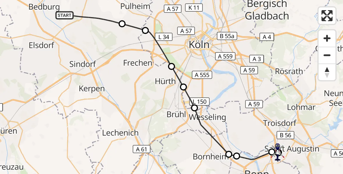 Flugroute Polizeihubschrauber Bergheim - Sankt Augustin, 01 Juni 2026, 13:07