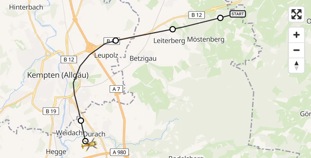 Flugroute Rettungshubschrauber Kraftisried - Kempten-Durach Flugplatz, 01 Juni 2026, 13:12