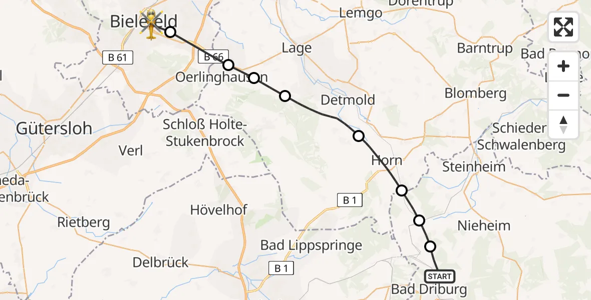 Flugroute Rettungshubschrauber Bad Driburg - Bielefeld, 01 Juni 2026, 13:20