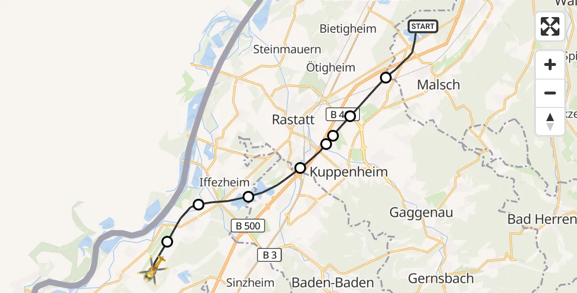 Flugroute Ambulanzhubschrauber Malsch - Karlsruhe Baden-Baden Flughafen, 01 Juni 2026, 13:20