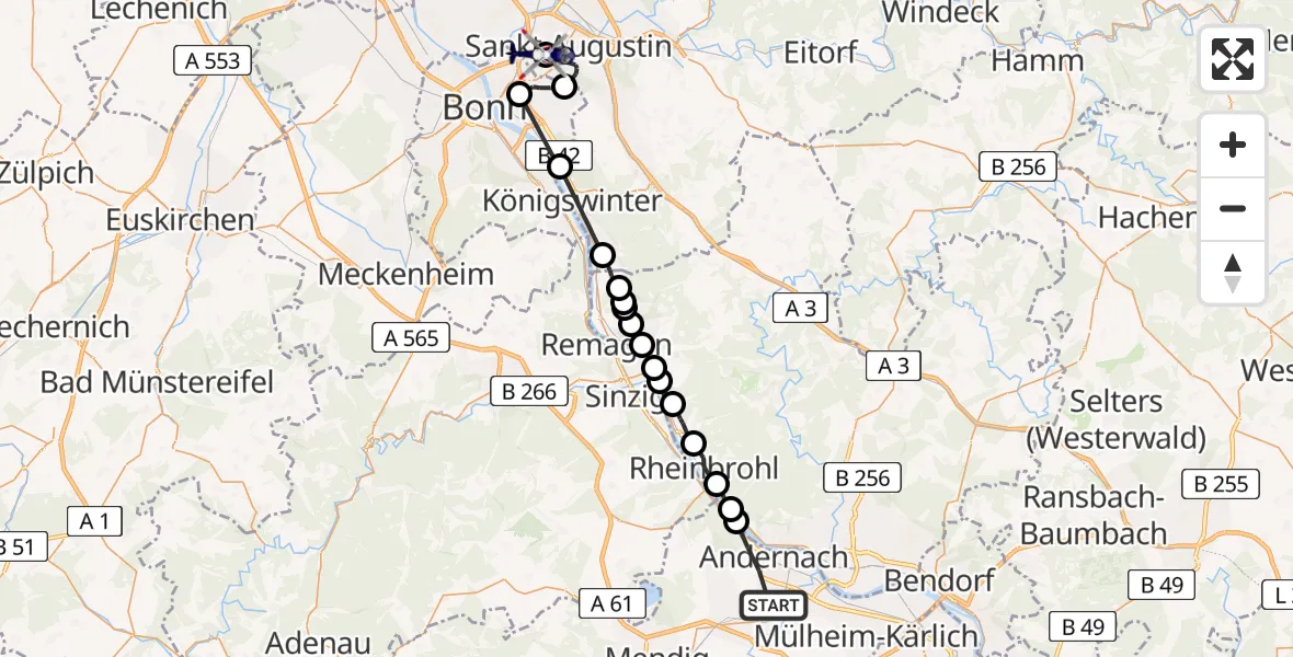 Flugroute Polizeihubschrauber Andernach - Bonn-Hangelar Flugplatz, 01 Juni 2026, 13:22