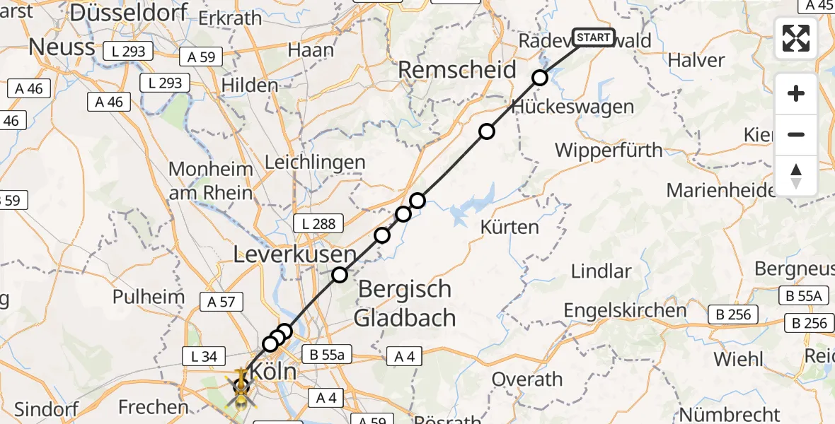Flugroute Rettungshubschrauber Radevormwald - Köln University Hospital, 01 Juni 2026, 13:30