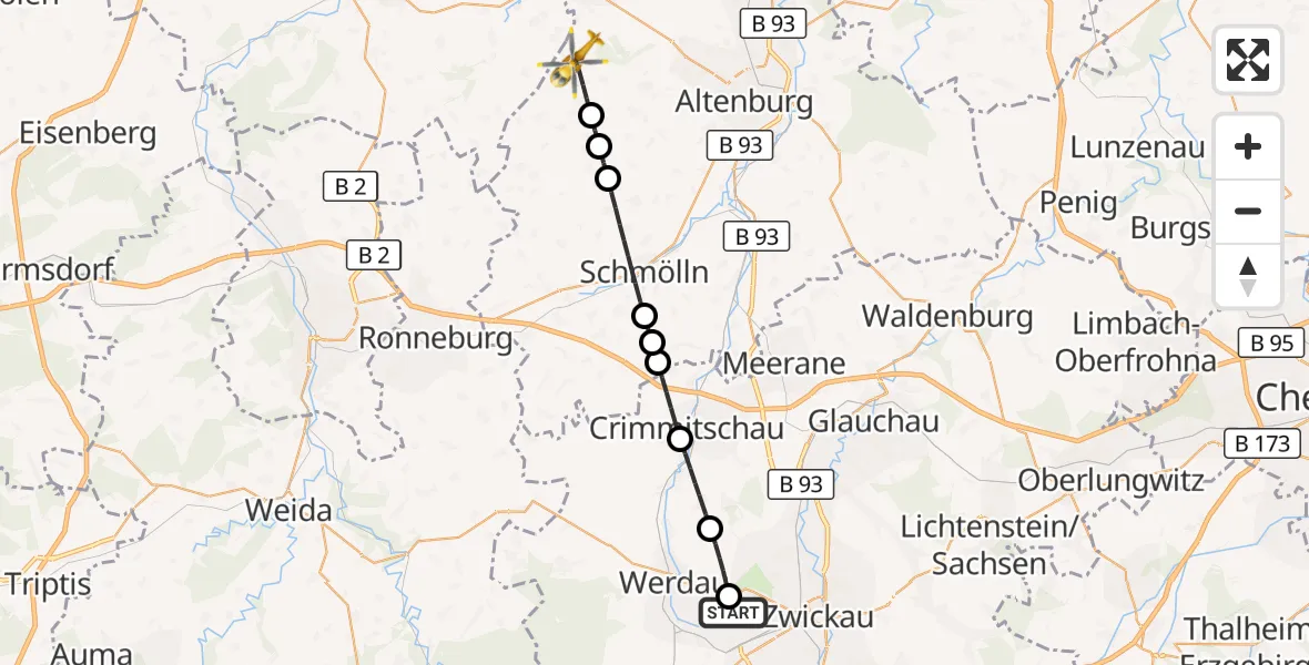 Flugroute Rettungshubschrauber ADAC Air Rescue Station Zwickau Hubschrauberlandeplatz - Starkenberg, 01 Juni 2026, 13:35
