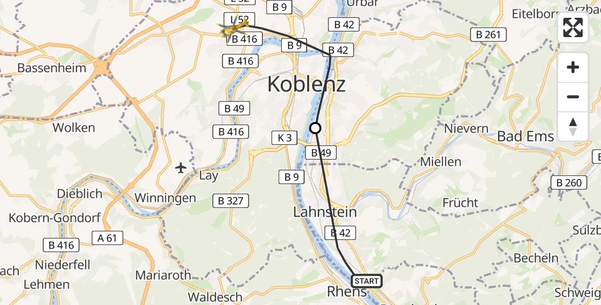 Flugroute Rettungshubschrauber Lahnstein - Koblenz, 01 Juni 2026, 13:37