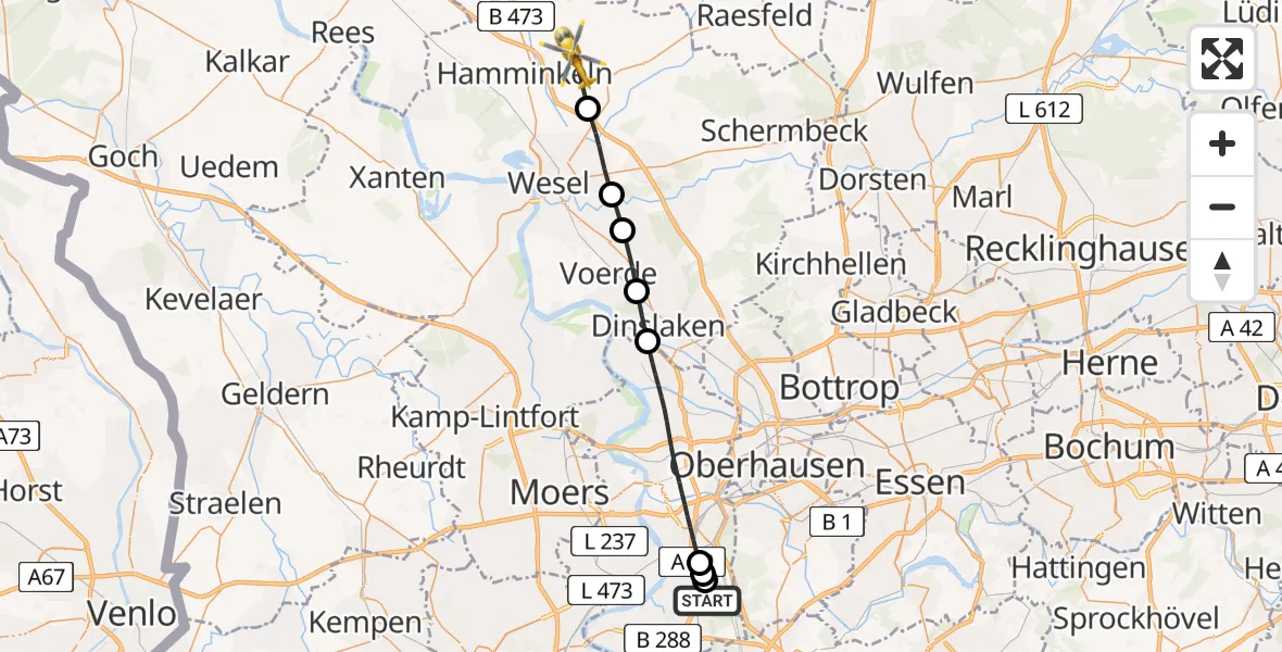 Flugroute Rettungshubschrauber Duisburg Air Rescue Hubschrauberlandeplatz (Christoph 9) - Hamminkeln, 01 Juni 2026, 13:38