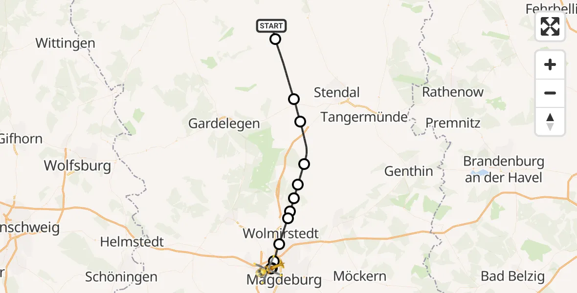Flugroute Rettungshubschrauber Osterburg (Altmark) - Magdeburg Hospital, 01 Juni 2026, 13:40