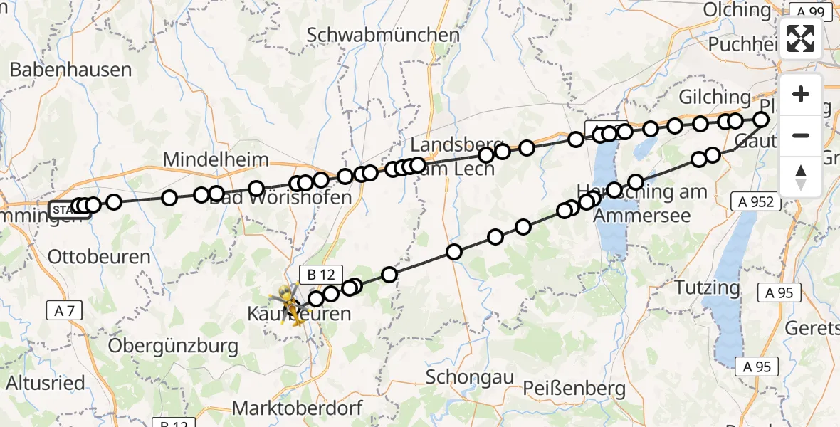 Flugroute Rettungshubschrauber Memmingen Allgau Flughafen - Ostallgäu-Kaufbeuren Hospital, 01 Juni 2026, 13:43