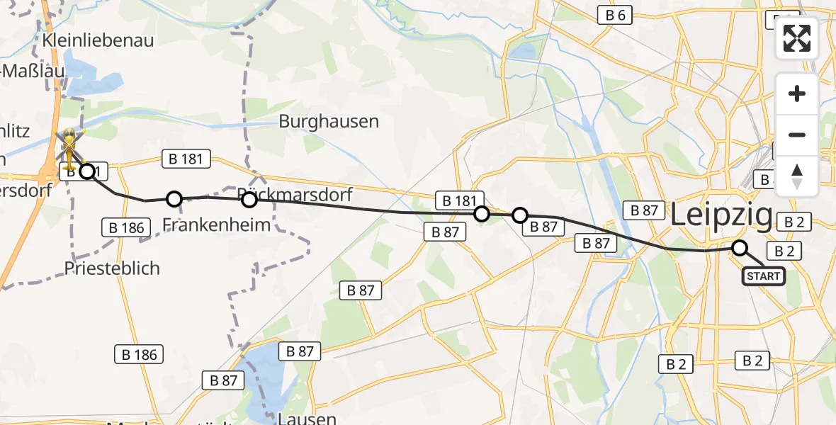 Flugroute Rettungshubschrauber Leipzig University Hospital Heliport 1 - ADAC Air Rescue Station Leipzig/Schkeuditz-Dölzig Hubschrauberlandeplatz (Christoph 61), 01 Juni 2026, 13:49