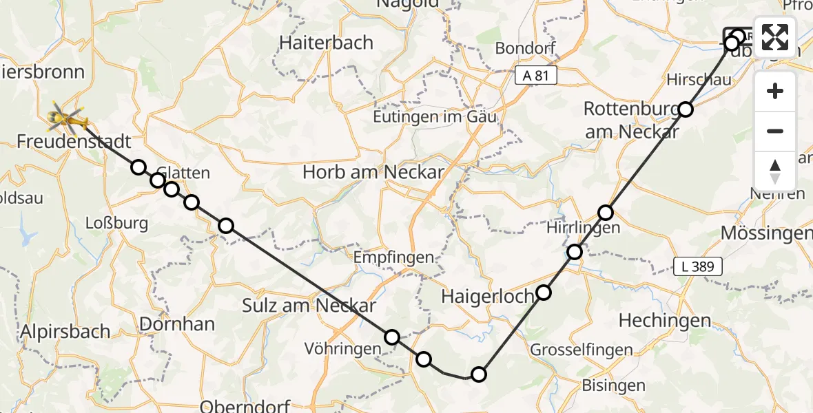 Flugroute Ambulanzhubschrauber Tübingen University Hospital - Freudenstadt, 01 Juni 2026, 13:50