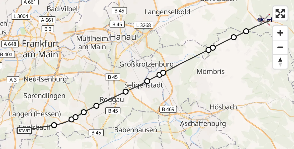 Flugroute Polizeihubschrauber Flughafen Frankfurt-Egelsbach - Biebergemünd, 01 Juni 2026, 13:51