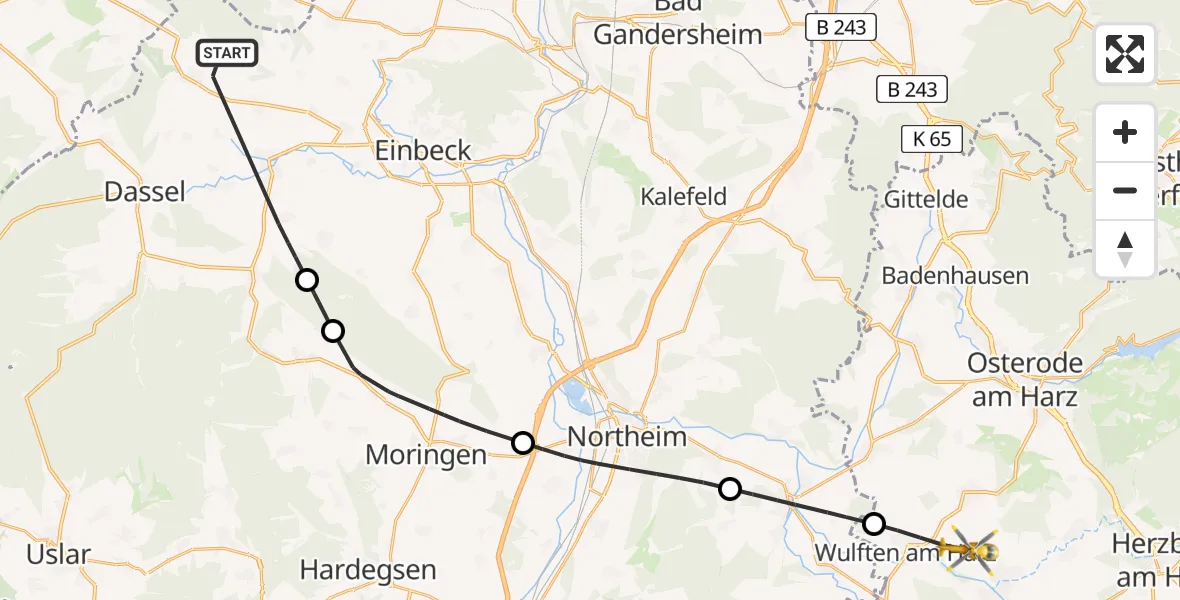 Flugroute Rettungshubschrauber Dassel - Hattorf am Harz, 01 Juni 2026, 13:53