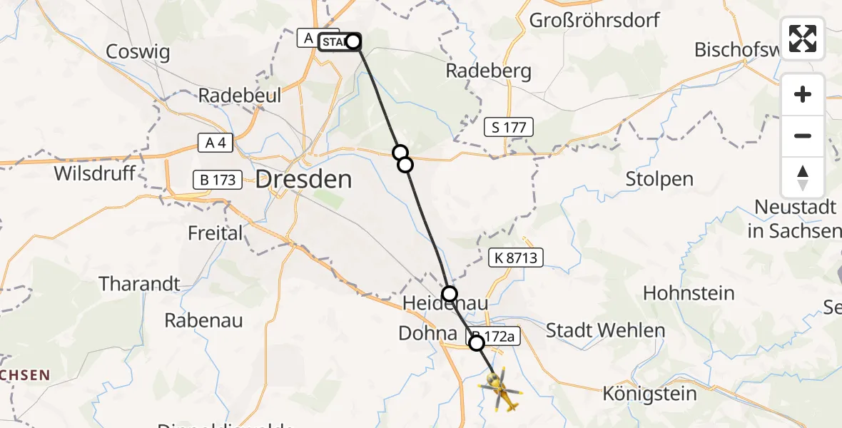 Flugroute Rettungshubschrauber Dresden Bundespolizei Hubschrauberlandeplatz - Dohma, 01 Juni 2026, 13:57
