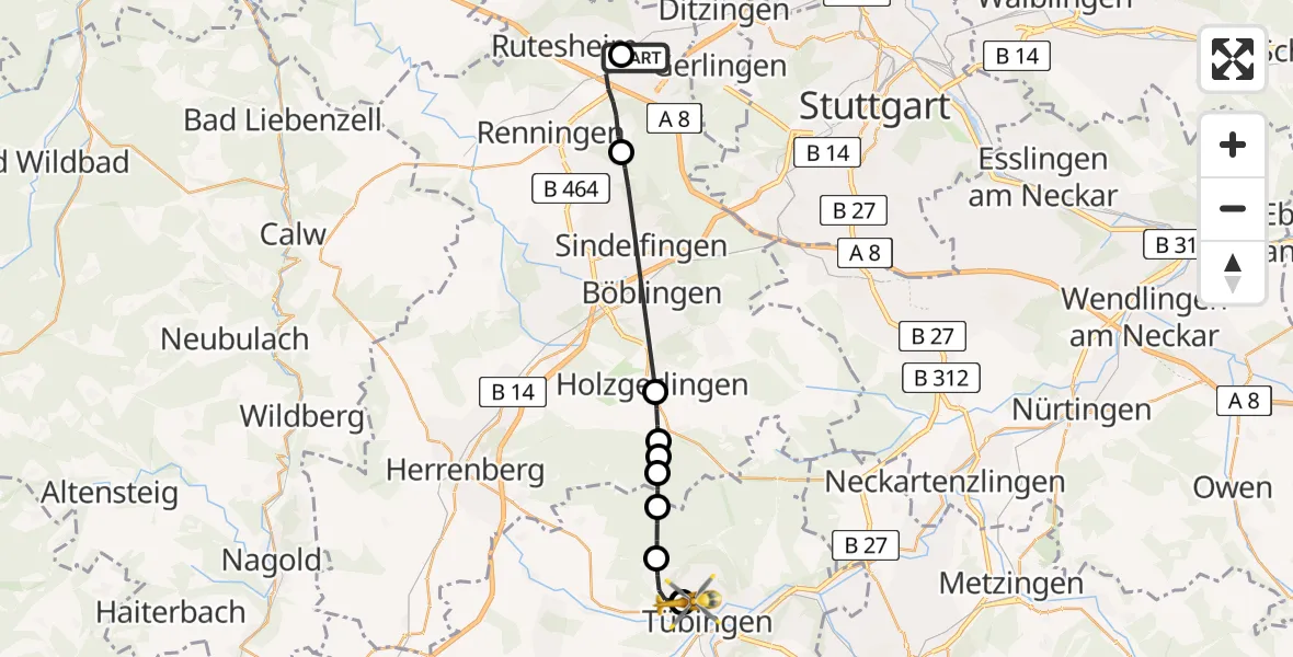 Flugroute Rettungshubschrauber Leonberg Hospital - Tübingen University Hospital, 01 Juni 2026, 14:02