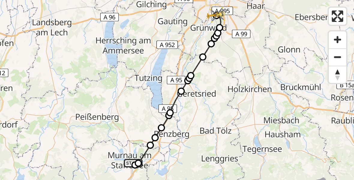 Flugroute Rettungshubschrauber Murnau Accident Hospital - ADAC Air Rescue Center Hubschrauberlandeplatz (Christoph 1), 01 Juni 2026, 14:11