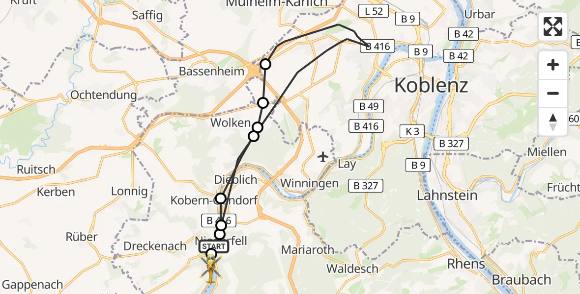 Flugroute Rettungshubschrauber Kobern-Gondorf - Lehmen, 01 Juni 2026, 14:13