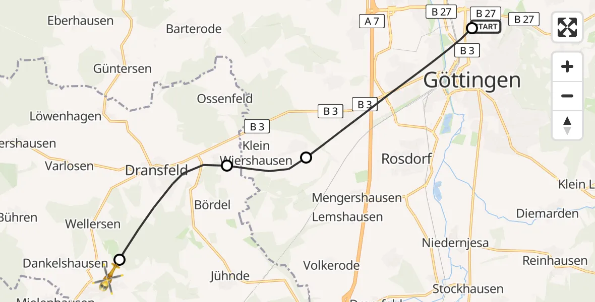 Flugroute Rettungshubschrauber Göttingen University Clinic Hubschrauberlandeplatz - Scheden, 01 Juni 2026, 14:15