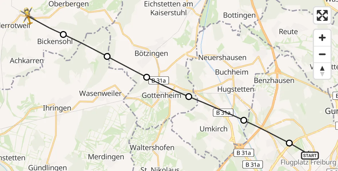 Flugroute Rettungshubschrauber Freiburg im Breisgau Flugplatz - Vogtsburg im Kaiserstuhl, 01 Juni 2026, 14:16