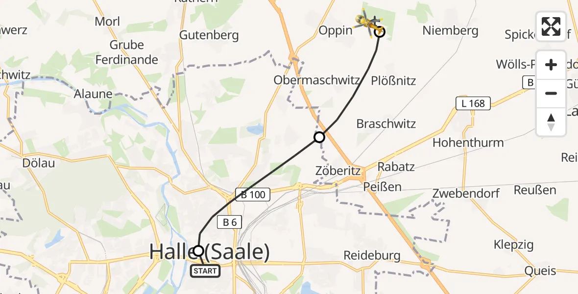 Flugroute Rettungshubschrauber Sankt Elisabeth and Sankt Barbara Hospital Halle (Saale) - Halle-Oppin Flugplatz, 01 Juni 2026, 14:36