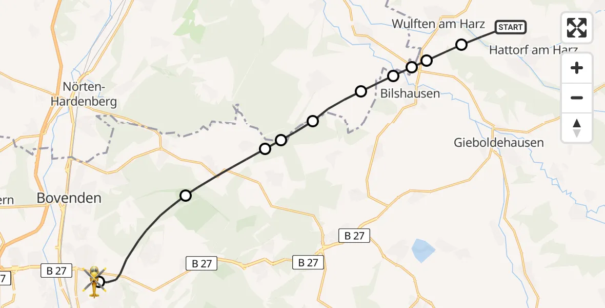 Flugroute Rettungshubschrauber Hattorf am Harz - Göttingen University Clinic Hubschrauberlandeplatz, 01 Juni 2026, 14:36