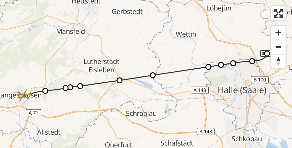 Flugroute Rettungshubschrauber Halle-Oppin Flugplatz - Helios Clinic Mansfeld-Südharz Hubschrauberlandeplatz, 01 Juni 2026, 14:39