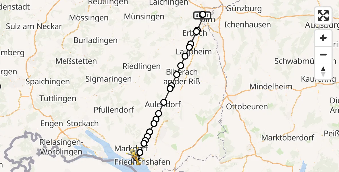 Flugroute Rettungshubschrauber Ulm Military Hospital Emergency - Friedrichshafen Hospital, 01 Juni 2026, 14:40