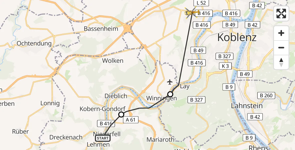 Flugroute Rettungshubschrauber Niederfell - Koblenz, 01 Juni 2026, 14:42