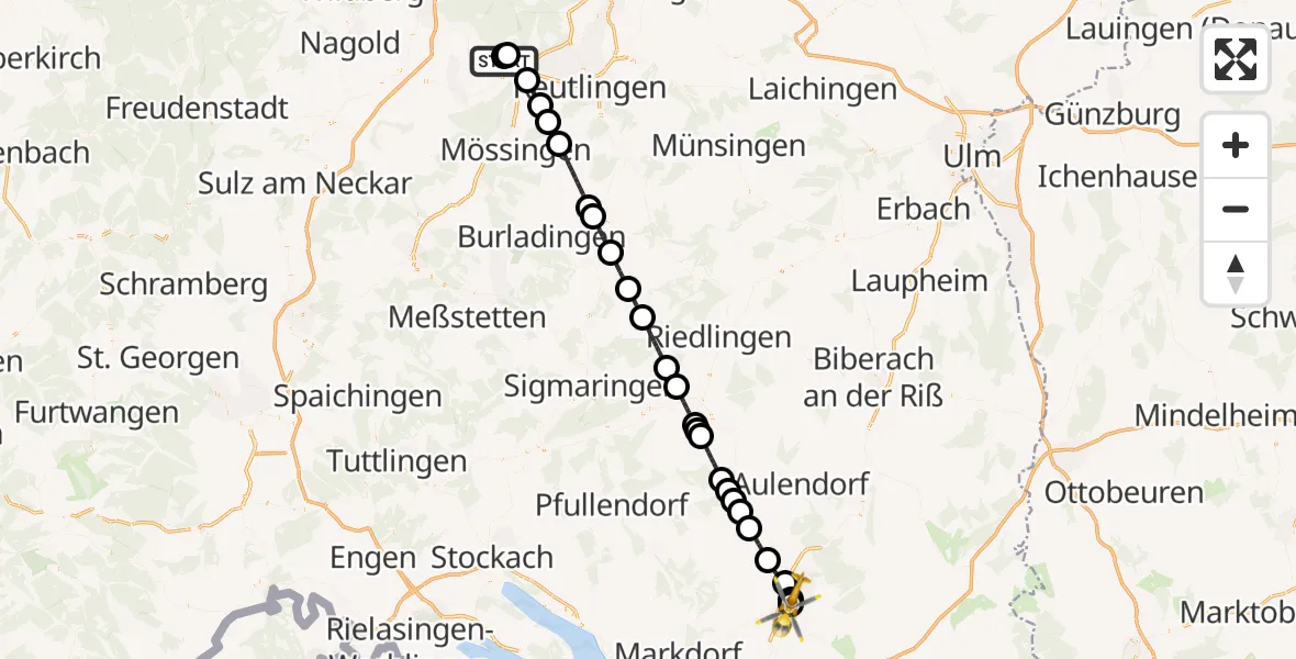 Flugroute Rettungshubschrauber Tübingen University Hospital - Sankt Elisabeth Hospital, 01 Juni 2026, 14:42