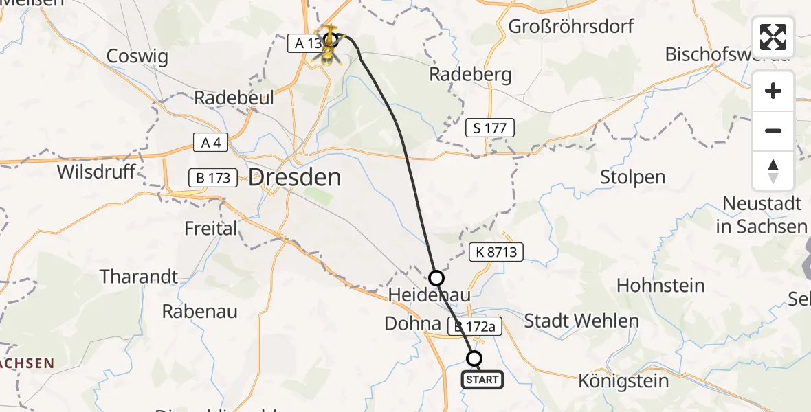 Flugroute Rettungshubschrauber Dohma - Dresden Bundespolizei Hubschrauberlandeplatz, 01 Juni 2026, 14:48