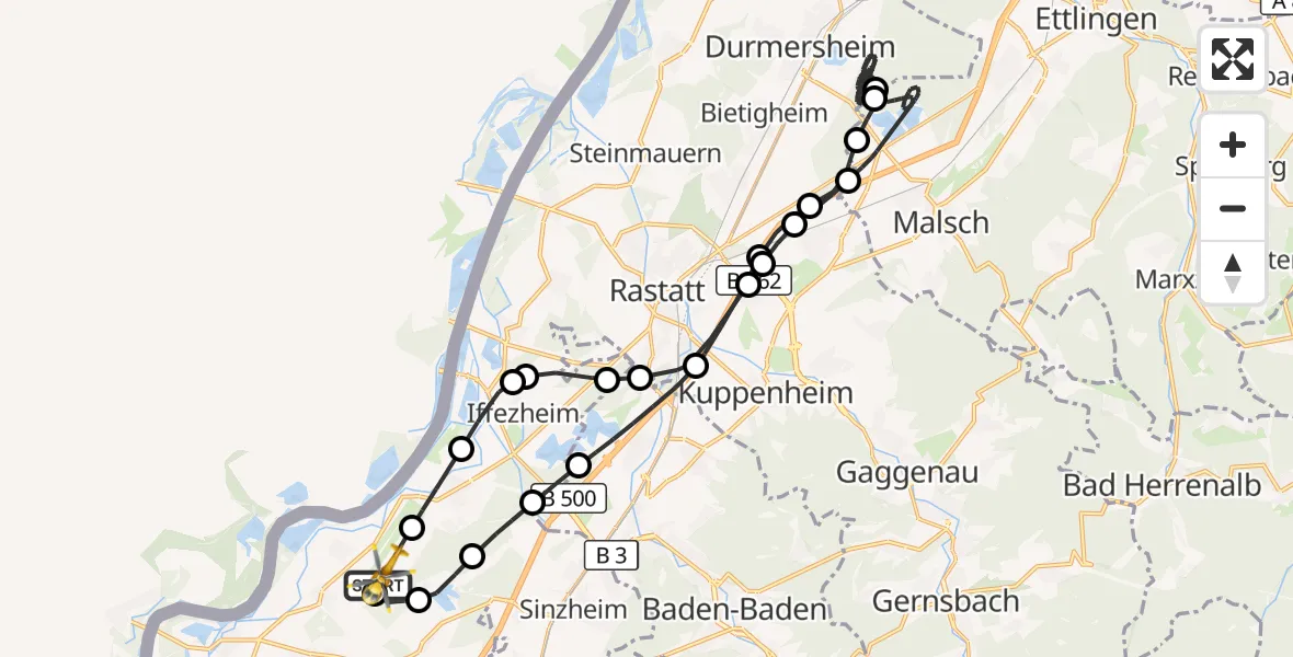 Flugroute Ambulanzhubschrauber Karlsruhe Baden-Baden Flughafen - Karlsruhe Baden-Baden Flughafen, 01 Juni 2026, 14:51