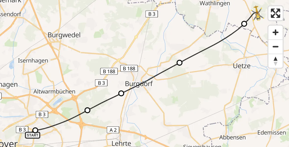 Flugroute Rettungshubschrauber Hannover Luftrettung Hubschrauberlandeplatz (Christoph 4) - Bröckel, 01 Juni 2026, 14:52
