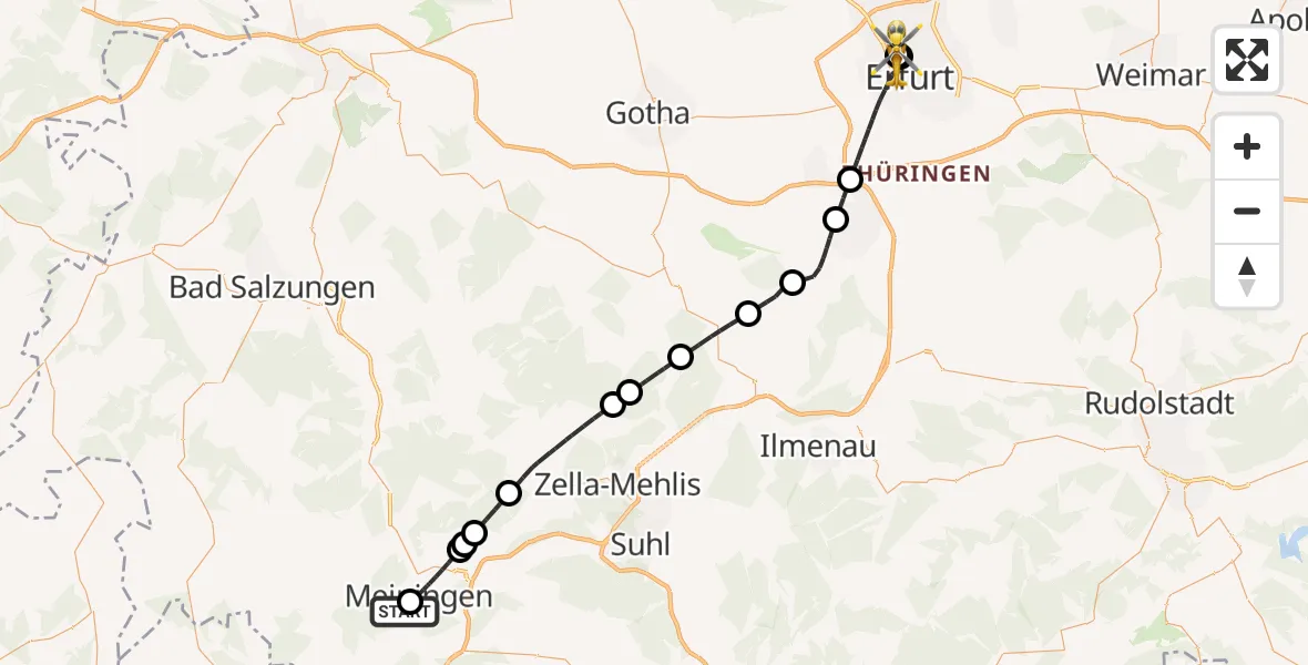 Flugroute Ambulanzhubschrauber Helios Clinic Meiningen - Helios Clinic Erfurt, 01 Juni 2026, 14:54