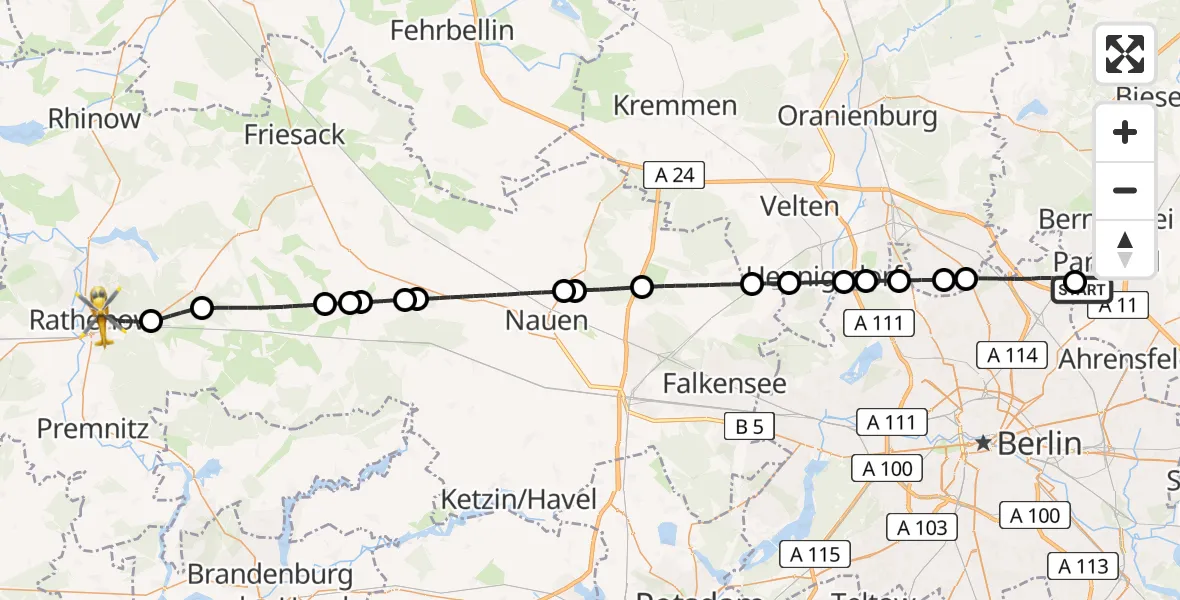 Flugroute Rettungshubschrauber Helios Clinic Berlin-Buch - Rathenow, 01 Juni 2026, 14:55