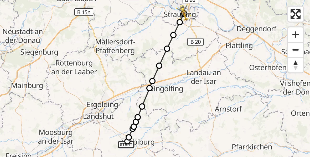 Flugroute Rettungshubschrauber Vilsbiburg - Sankt Elisabeth Hospital Straubing, 01 Juni 2026, 15:06