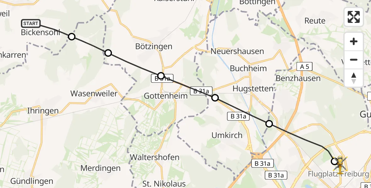 Flugroute Rettungshubschrauber Vogtsburg im Kaiserstuhl - Freiburg im Breisgau Flugplatz, 01 Juni 2026, 15:09