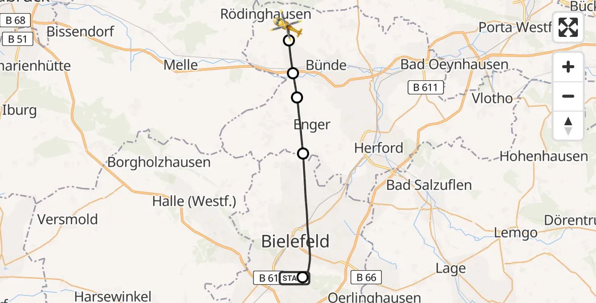Flugroute Rettungshubschrauber Luftrettungszentrum Bielefeld - Rödinghausen, 01 Juni 2026, 15:14