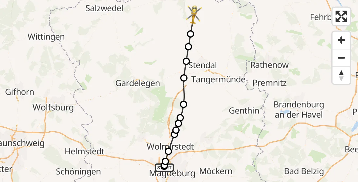 Flugroute Rettungshubschrauber Magdeburg Hospital - Osterburg (Altmark), 01 Juni 2026, 15:21