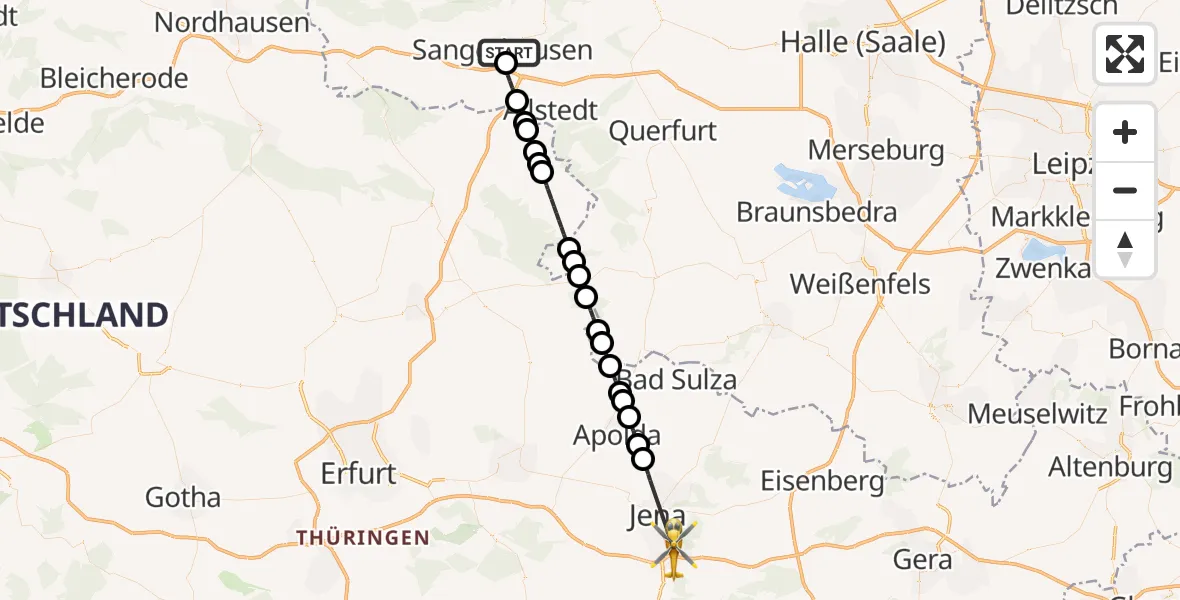 Flugroute Rettungshubschrauber Helios Clinic Mansfeld-Südharz - Jena University Hospital, 01 Juni 2026, 15:42
