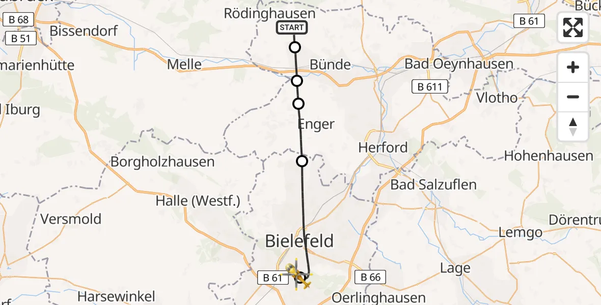 Flugroute Rettungshubschrauber Rödinghausen - Luftrettungszentrum Bielefeld, 01 Juni 2026, 15:43