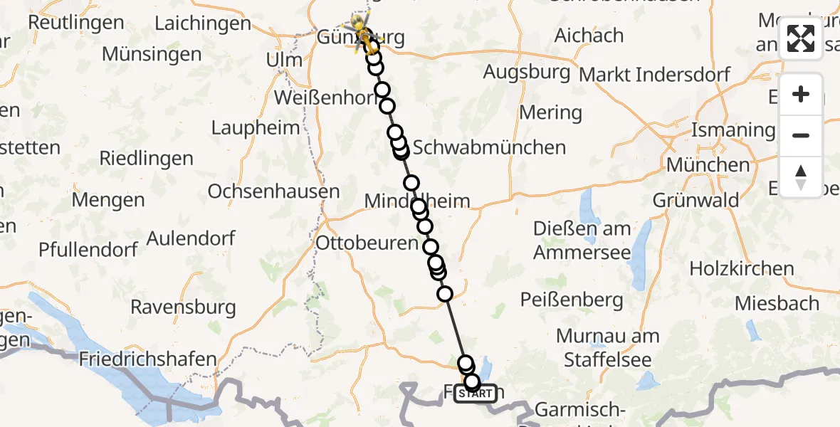 Flugroute Rettungshubschrauber Füssen - Günzburg Hospital, 01 Juni 2026, 15:54